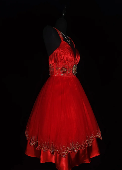 Charming Red Satin Tulle Pleated A Line Long Prom Dress Evening Dress With Beaded SP439