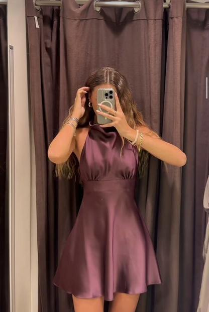 Sexy Halter Satin Sleeveless Short 8th Grade Homecoming Dress,Dark Purple Mini Cocktail Dress SP2466