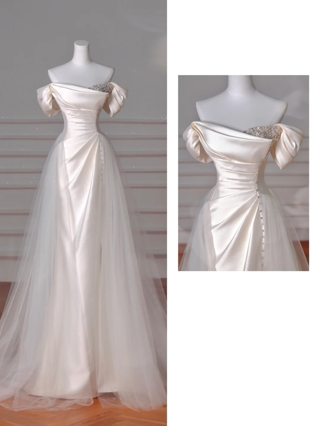Elegant White off The Shoulder Satin Beaded Mermaid Evening Dress,Formal Prom Dress Wedding Dress Y8617