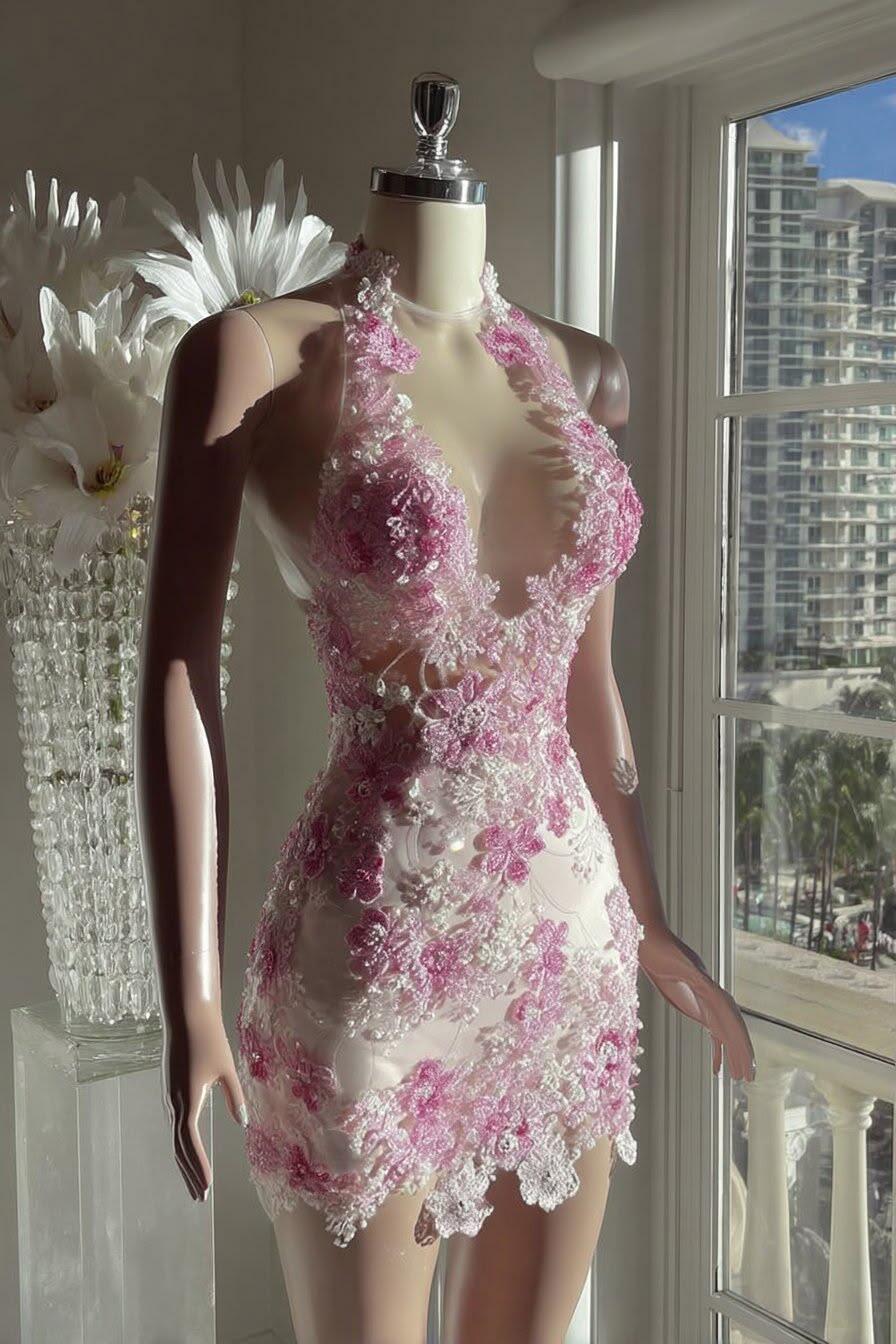 Glam Pink Bodycon Mini Homecoming Dress 3D Floral Lace Birthday Outfit SP2756