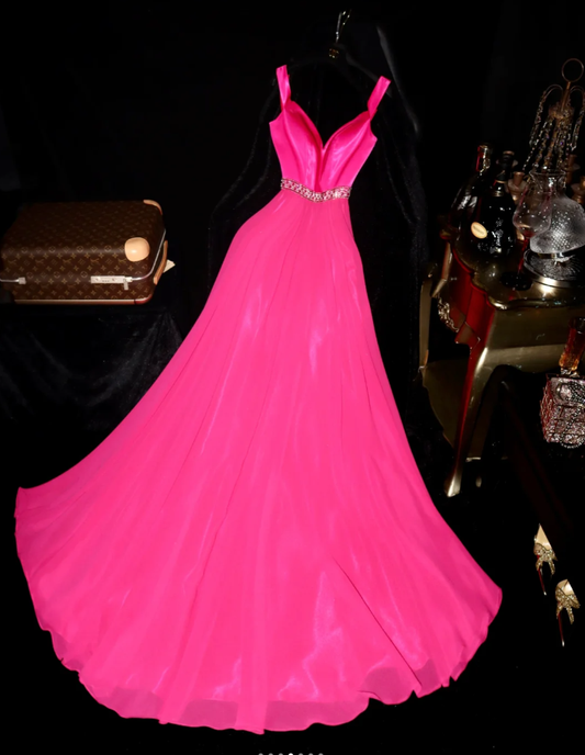Pretty V Neck Hot Pink Chiffon Satin Beaded Mermaid Party Dress Long Wedding Guest Dress SP758
