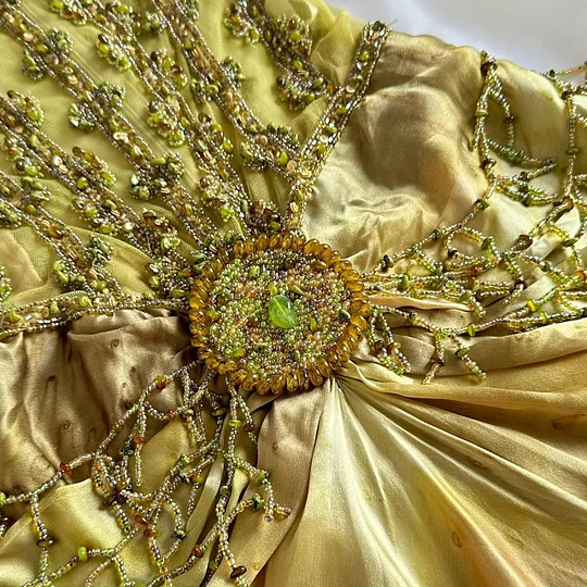 Gorgeous Spaghetti Straps Gold Satin Beaded Evening Dress Long Party Dress Y9735