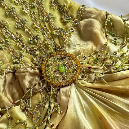 Gorgeous Spaghetti Straps Gold Satin Beaded Evening Dress Long Party Dress Y9735