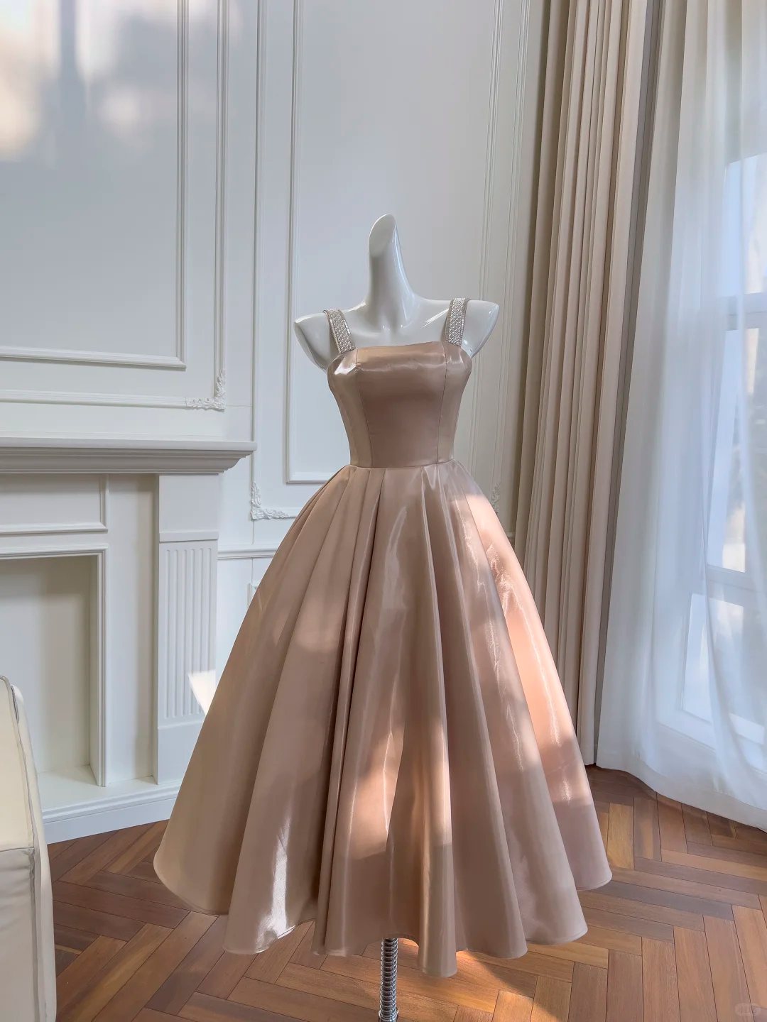 Fashion Spaghetti Straps Pink Satin Beaded Midi Party Dress Birthday Dress SP2563