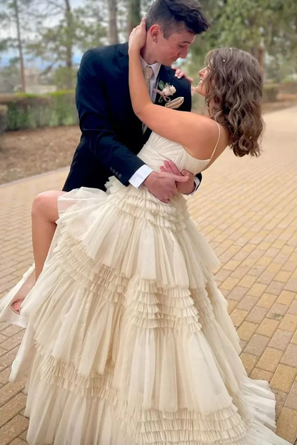 Champagne A-Line Spaghetti Straps Ruffles Formal Evening Dresses Long Prom Dress Y6801