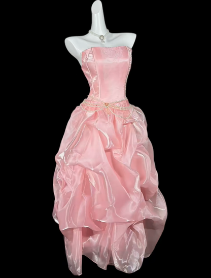 Classy Light Champagne Strapless Organza Pleated Long Prom Dress Party Dresses SP3536