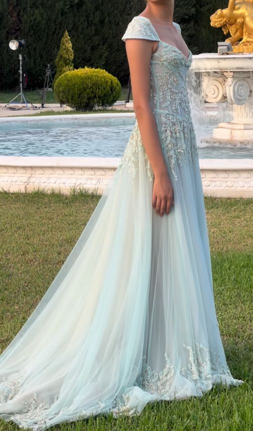 Gorgeous V Neck Baby Blue Tulle Sequin Beaded Mermaid Evening Dress Long Birthday Prom Gown SP1143