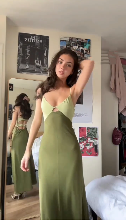 Elegant Spaghetti Straps V Neck Green Satin Long Wedding Guest Dress Evening Dress SP852