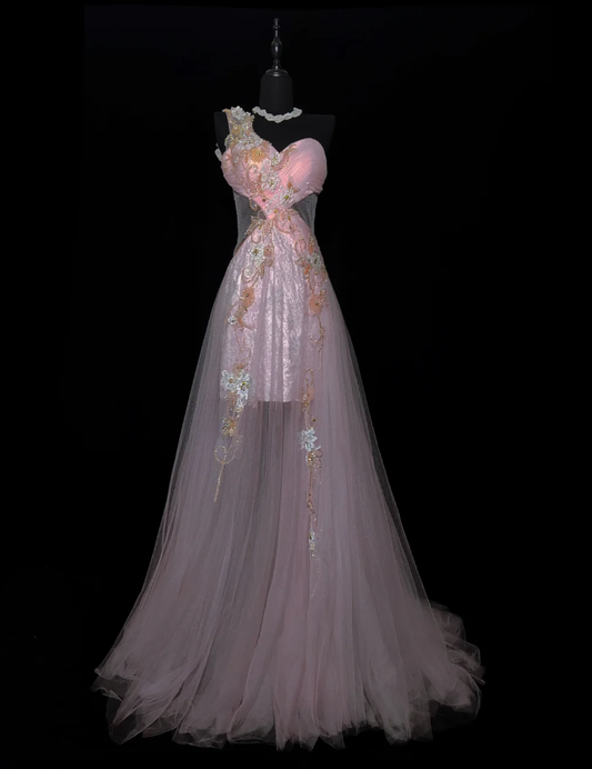 Beautiful One Shoulder Pink Tulle Lace Appliques Beaded Mermaid Prom Gown Long Evening Dress SP479