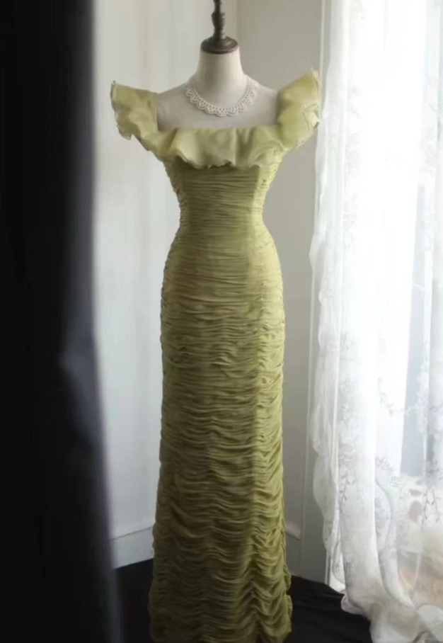 Elegant Green Off The Shoulder Chiffon Pleated Sheath Long Prom Dress Evening Gown SP1025