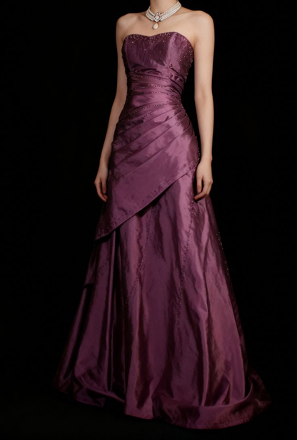 Retro Sweetheart Neck Dull Pink Satin Beaded Mermaid Long Birthday Dress Formal Evening Dress SP1728