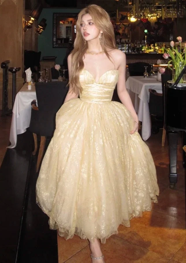 Shiny Sweetheart Neck Tulle Lace Long Birthday Party Dress Gold Long Prom Gown SP3882