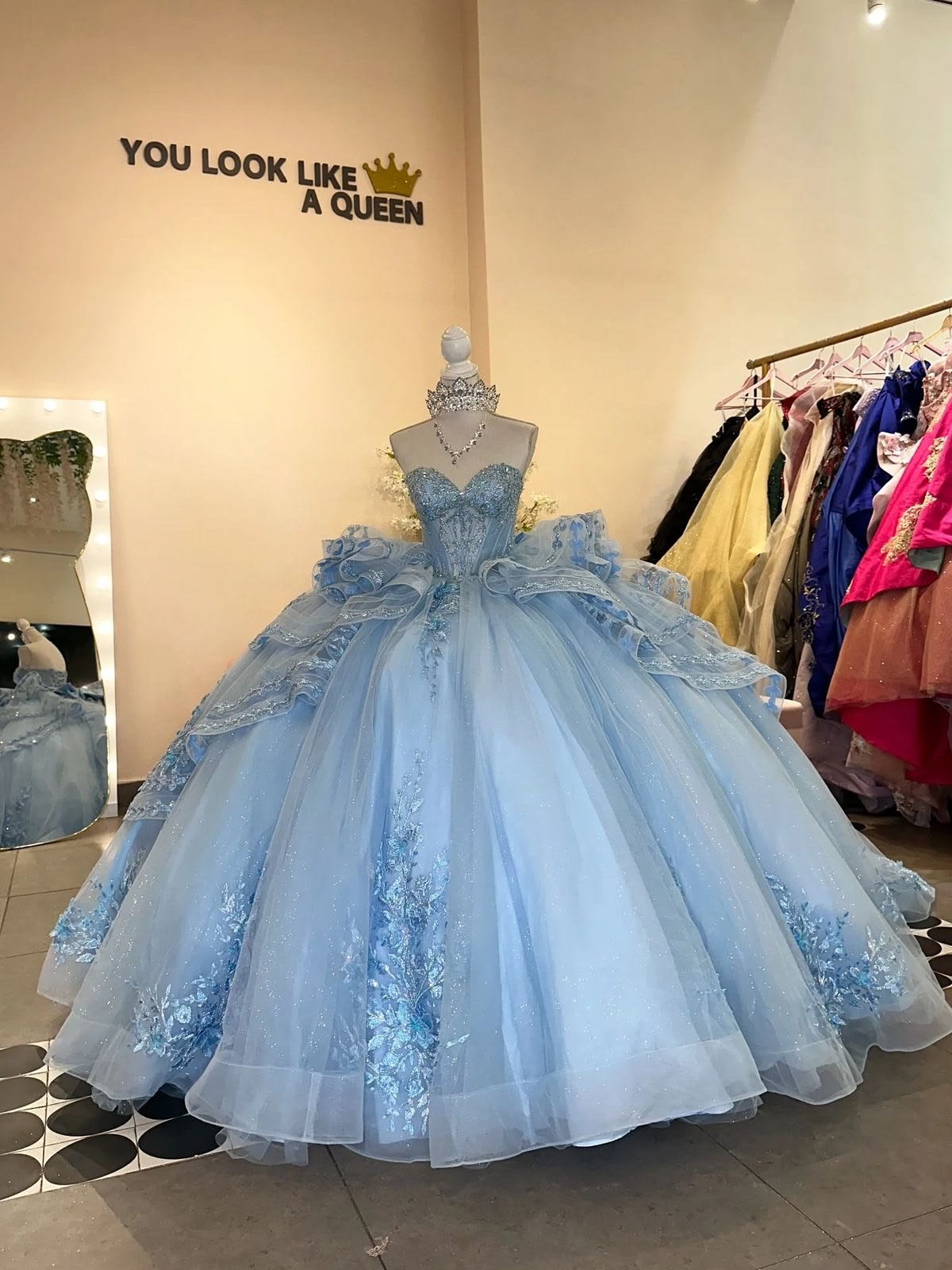 Charming Sweetheart Neck Light Blue Tulle Appliques Beaded Birthday Quinceanera Dress Sweet 16 Dress SP4288