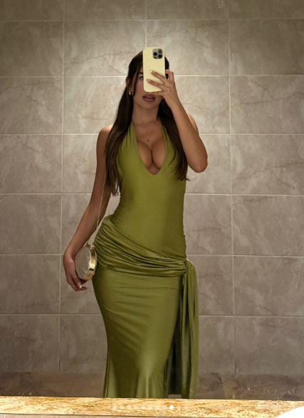 Classy Green Halter V Neck Backless Mermaid Long Wedding Guest Dress Evening Dress SP733