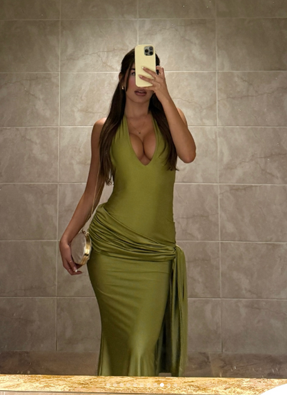 Classy Green Halter V Neck Backless Mermaid Long Wedding Guest Dress Evening Dress SP733