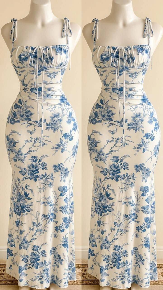 Chic Blue Satin Print Floral Mermaid Long Party Dress Birthday Prom Dress SP971