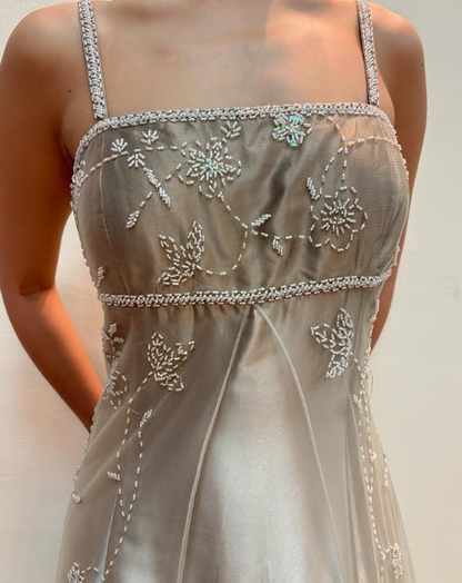 Fashion Spaghetti Straps Satin Tulle Beaded Prom Dress,A Line Party Evening Gown Y8139