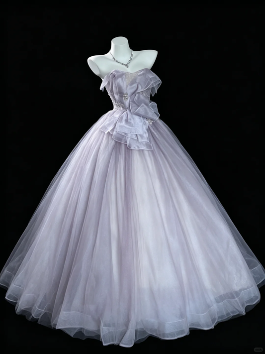 Lavender Strapless Ruffle Bow Tulle Ball Gown Rhinestone Beaded Long Quinceanera Dress SP2728
