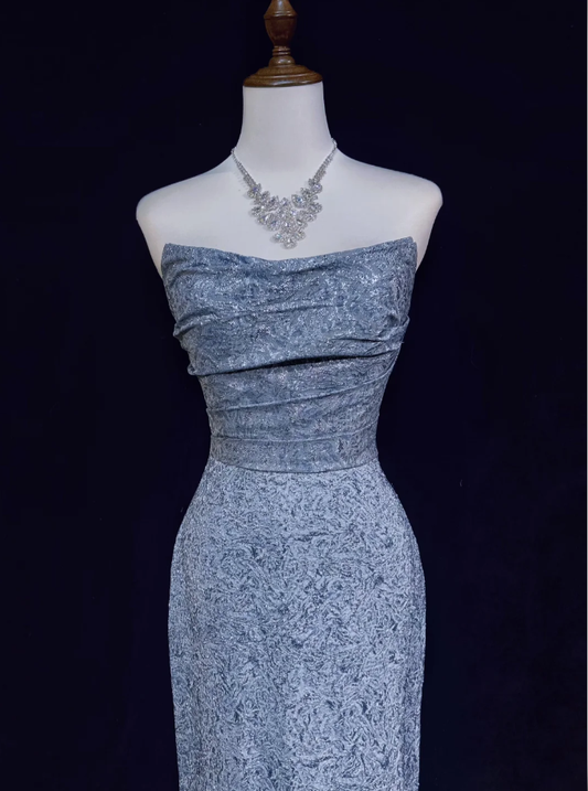 Elegant Strapless Blue Satin Print Mermaid Long Evening Dress Birthday Prom Dress SP1971