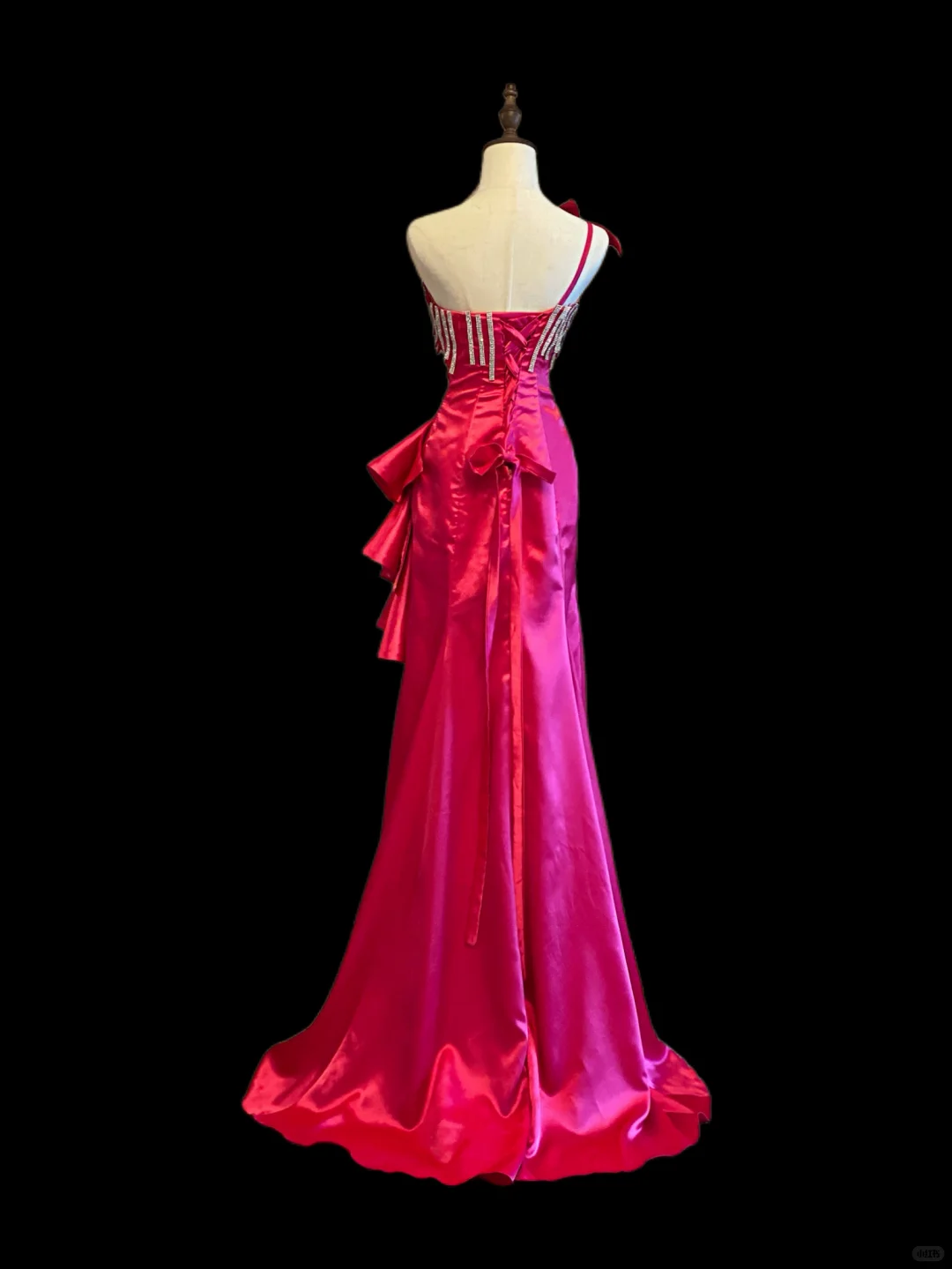 Chic Hot Pink Satin Beaded Mermaid Long Birthday Party Dress One Shoulder Long Prom Dresses SP4082