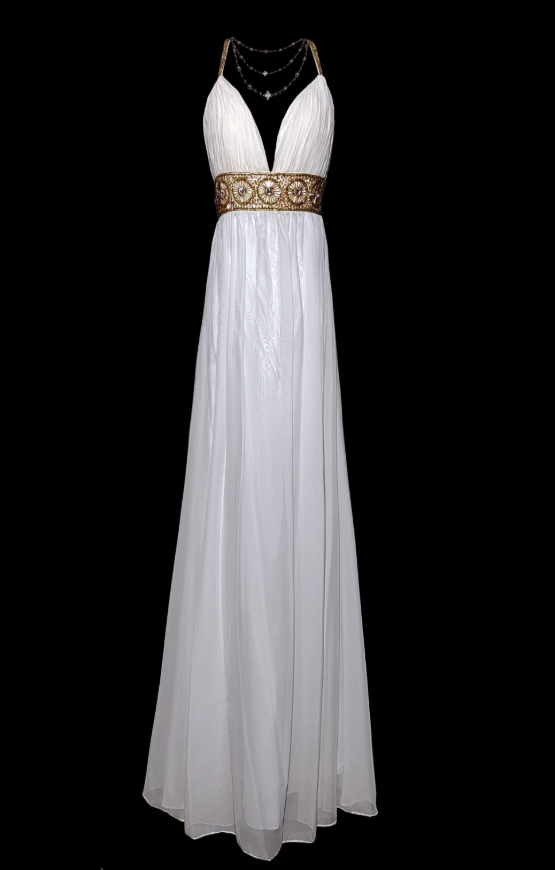 Classy Spaghetti Straps White Chiffon Beaded Evening Dress Backless Prom Gown SP477