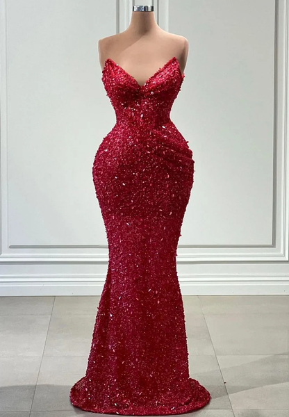 Sparkly Red Sequin Mermaid Long Prom Dress Strapless Long Party Dress SP4205