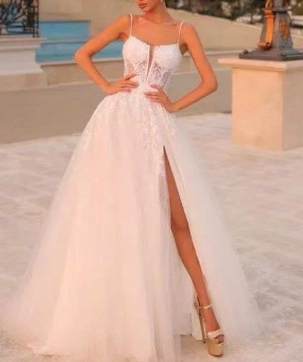 Classy Spaghetti Straps White Tulle Applique Slit Long Wedding Dress SP847