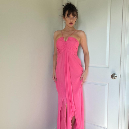 Charming Pink Halter Chiffon Slit Long Prom Dress Formal Party Gown SP302