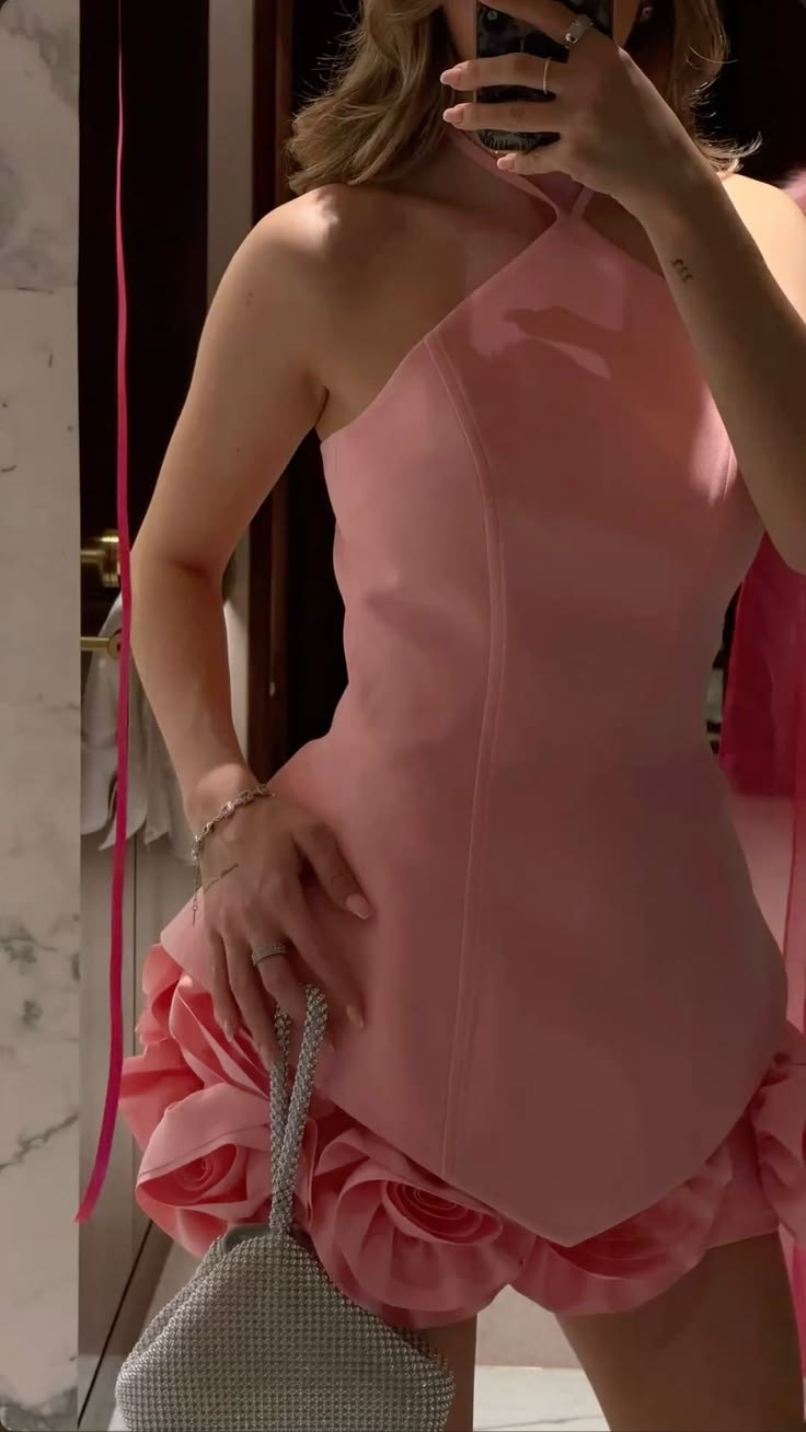 Sexy Halter Pink Satin 3D Floral A Line Short Graduation Homecoming Dress Cocktail Dress SP3554