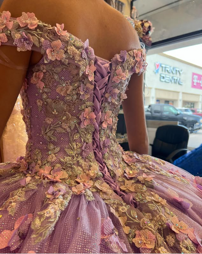 Lavender Applique Off Shoulder Shiny Elegant Tulle Ball Gown 3D Flowers Princess Dress Sweet 15th Y285