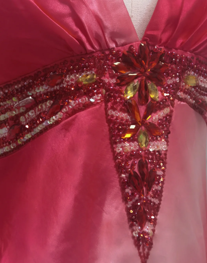 Pretty Ombre Pink V Neck Satin Beaded Sheath Long Prom Gown Formal Evening Dress SP649