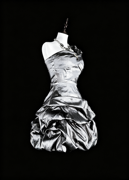 Chic One Shoulder Silver Satin Pleated A Line Short Homecoming Dress Cocktail Dress SP3389