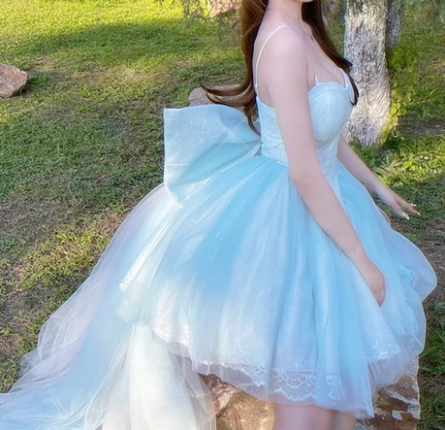 Fairy Blue Tulle Lace A Line Short 16th Birthday Outfits,Sweetheart Neck Mini Homecoming Dress With Bow SP3481