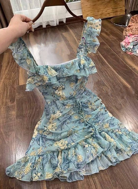 Cute Blue Chiffon Printed Floral Homecoming Dress, Short Summer Beach Dress Y9620
