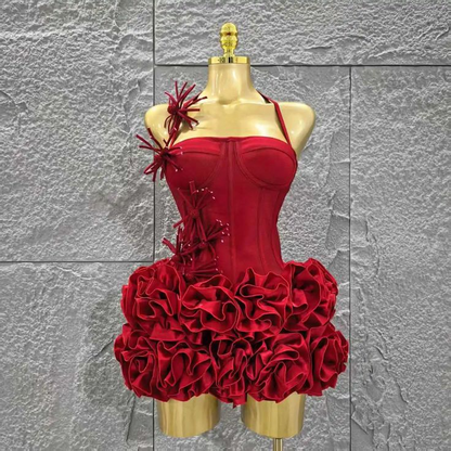 Trendy Red Halter Satin Pleated Sheath Short Graduation Homecoming Dress Cocktail Dress Y9337