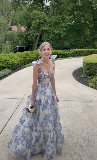Blue Flower Pattern Prom Dress Spaghetti Strap Princess Formal Occasion Dresses A-line Party Dress Y2722