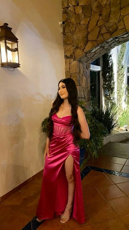 Charming Satin Mermaid Beaded Long Party Dress Slit Birthday Evening Dress Y7718