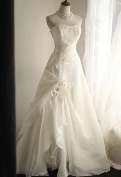 Classy Strapless Chiffon Appliques Mermaid White Long Wedding Dress SP1167