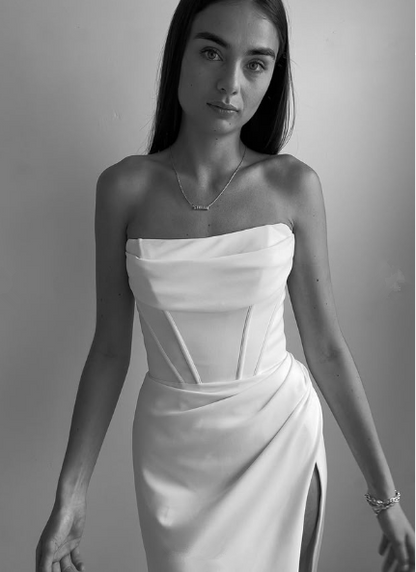 Classy White Strapless Slit Mermaid Evening Dress Long Prom Dress Y8417