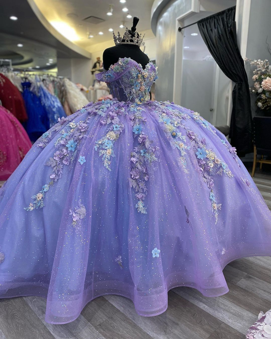 Elegant Off The Shoulder Sweet 16 Dress Purple Tulle Sequin Appliques Quinceanera Dress SP4296