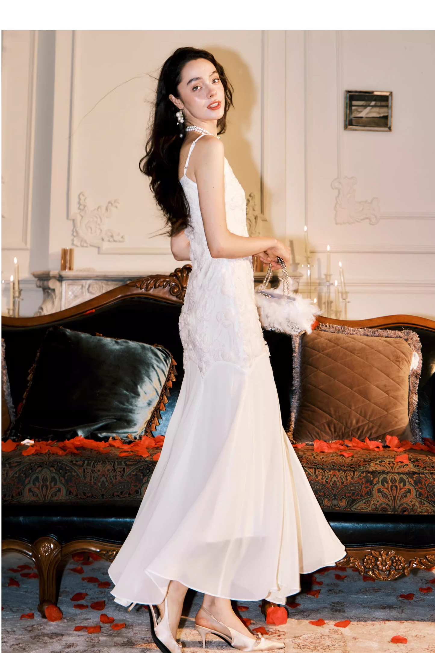 Fairy Spaghetti Straps 3D Rose Flowers Chiffon Mermaid Prom Dress White Birthday Party Dress SP1981