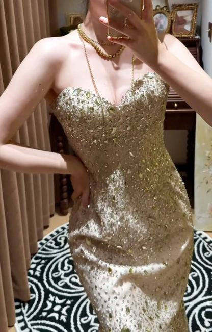 Fashion Strapless Champagne Tulle Beaded Mermaid Party Dress Long Birthday Prom Gown SP1087