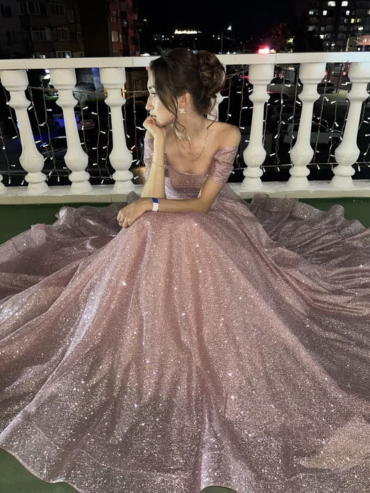 Classy Off The Shoulder Pink Tulle Sequin A Line Long Party Dress Birthday Prom Dress SP4304