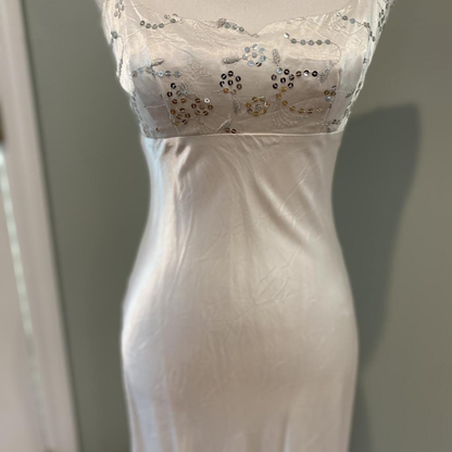 Elegant White Spaghetti Straps Satin Sequin Mermaid Long Wedding Guest Dress Party Dress SP995