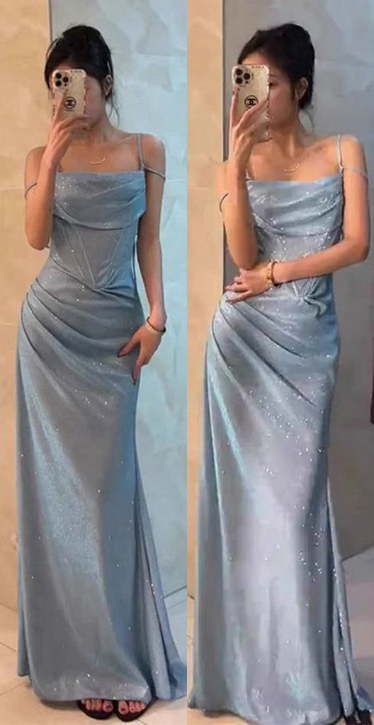 Sparkly Spaghetti Straps Satin Sequin Pleated Mermaid Evening Dress Formal Wedding Guest Dress SP559