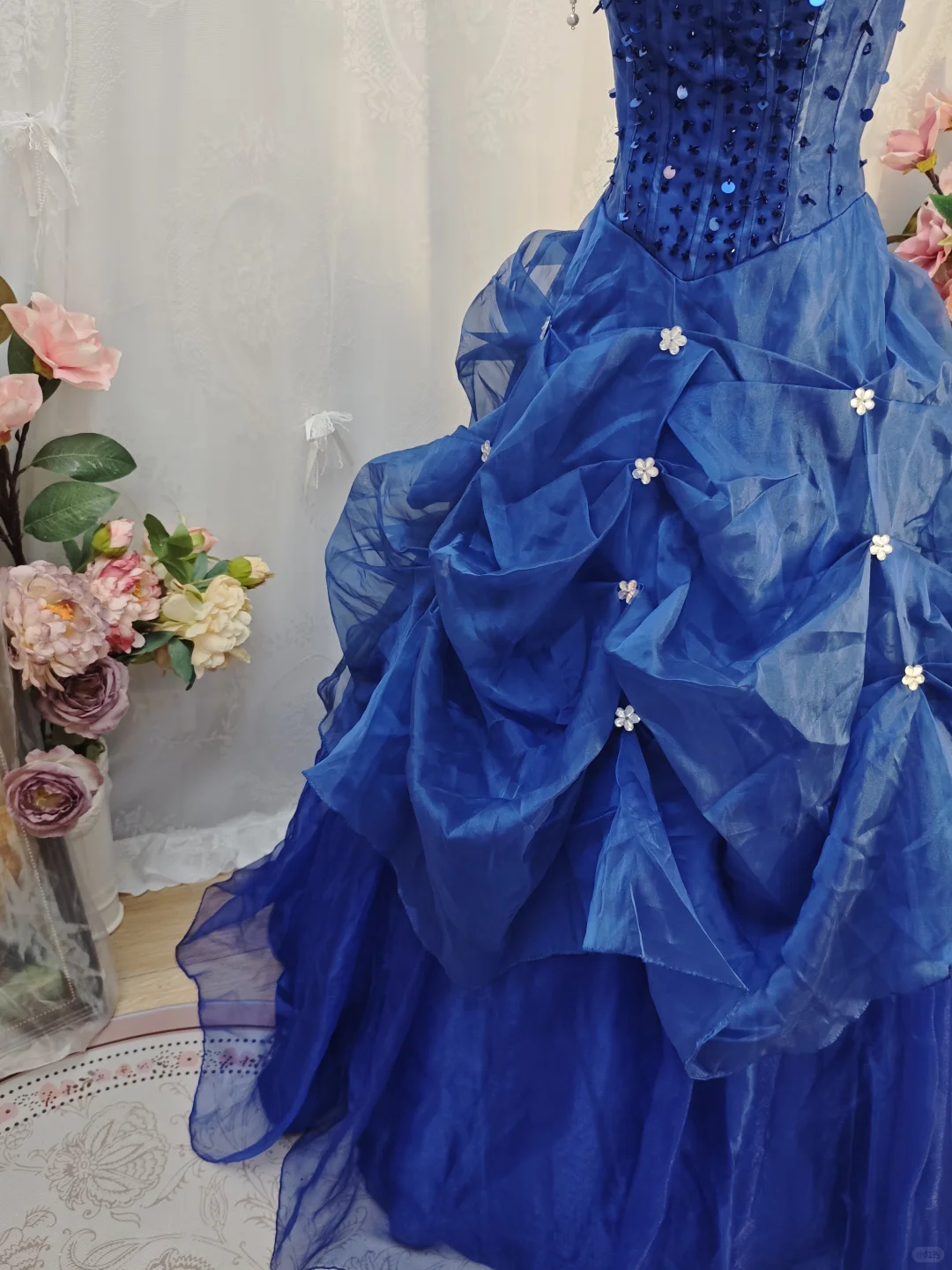 Elegant Royal Blue Ball Gown Strapless Satin Tulle Pleated Sequin Beaded Long Party Dress Birthday Dress SP2263