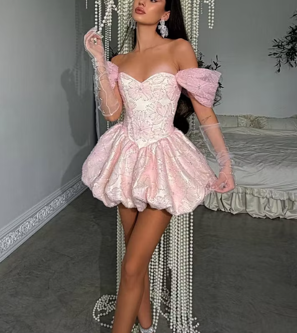 Glamorous Off The Shoulder Satin Tulle Floral Beaded A Line Mini Birthday Dress,Pink Short 6th Grade Homecoming Dress SP2932