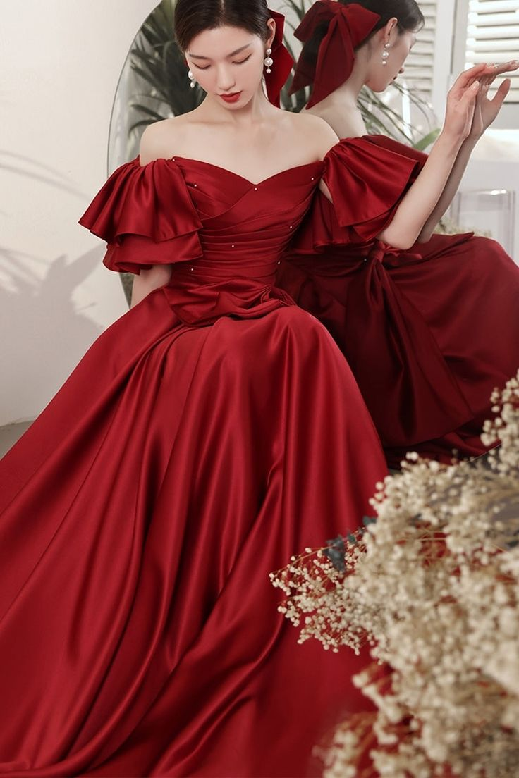 Red Satin Ball Gown With Bell Sleeves And Lace UP Back Long Prom Dress Y6067