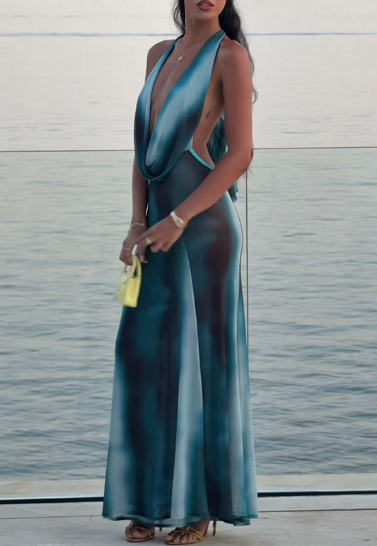 Classy Halter Ombre Blue Chiffon Backless Long Evening Dress Prom Gown SP741