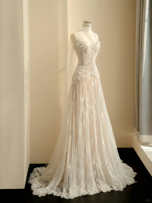 Pretty Strapless Tulle Lace Long A Line Wedding Dress,Formal Prom Evening Dress Y8686